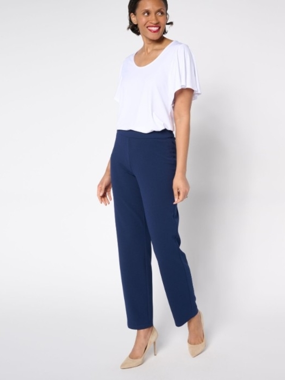 Dennis Basso White Straight-Leg Luxe Crepe Pull-On Pants - Picture 3 of 6